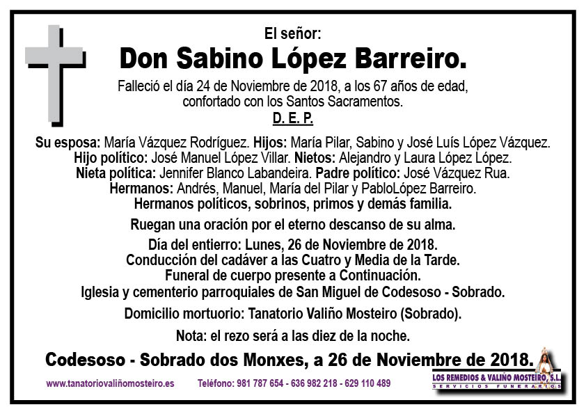 Esquela de Sabino López Barreiro.